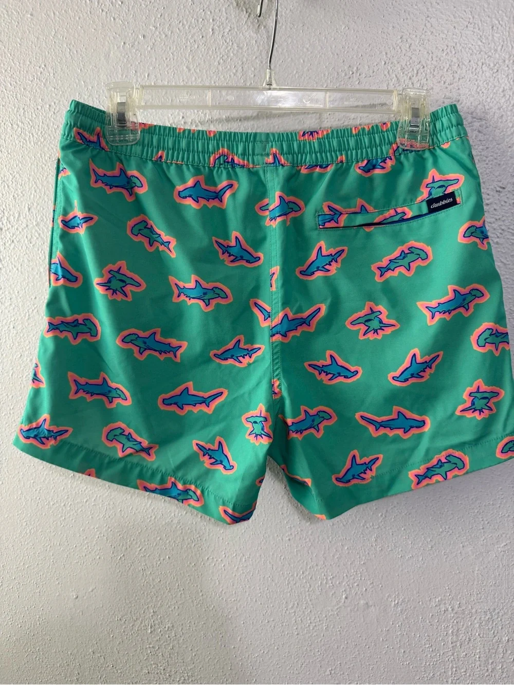 chubbies Kids Aqua Shark Print Swim Trunks - Teal & Pink 14/16
